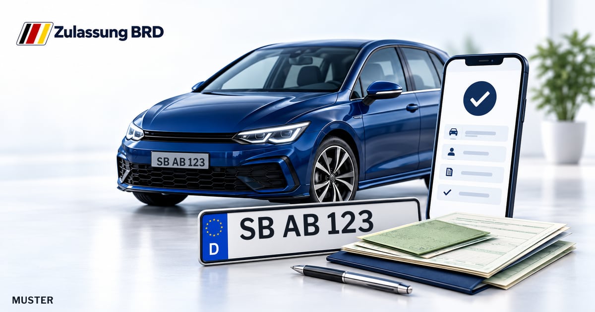 Online Fahrzeugzulassung in Sulzbach/ Saar: Musterkennzeichen SB AB 123, Auto und Fahrzeugpapiere und Smartphone. Illustration mit Logo von Zulassung BRD.